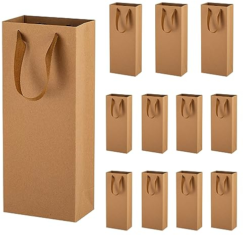 TACHIO 12 Pcs Wine Gift Bags - Single Bottle Sturdy Reusable Kraft Paper Tote With Handles for Birthdays, Anniversaries, Party, Christmas, Shopping - Brown