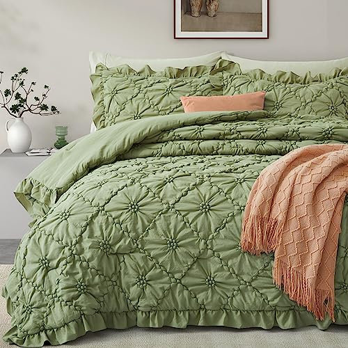 BEDAZZLED Bettdecken-Set für King-Size-Betten, 3-teilig, Bett in einer Tasche, Quetschfalten, exquisite Bettdecke, Boho-Daunen-Alternative, Bettwäsche mit gerüschten Kissenbezügen, für alle