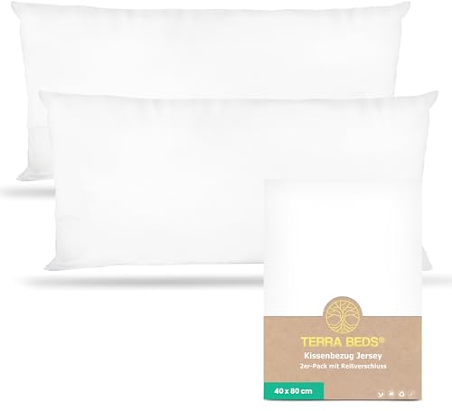 Terra Beds Kissenbezug 40 x 80 (Set mit 2) - 100% Baumwolle Jersey 160 g/m², Oeko-Tex Zertifiziert - Kopfkissenbezug 40x80 für Kissen 40x80 mit Reißverschluss, weich und atmungsaktiv - (Weiß)