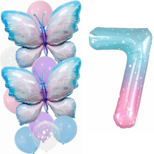 Yunchu Online 7. Geburtstag Dekoration Mädchen - Gradient Schmetterling Ballons Deko Set - Große Folienballon für Party Supplies
