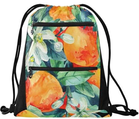FRODOTGV Aquarell Orange Früchte Blätter Kordelzug Rucksack Wasserabweisende Tasche für Yoga Gym Sport, Kordelzug Rucksack für, Aquarell, orangefarbene Fruchtblätter, Einheitsgröße