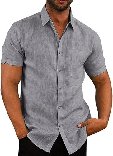 Friptspyg Mens Shirts Short Sleeve Linen Button Down Beach Causual Shirts for Men with Pocket, Dark Grey XL
