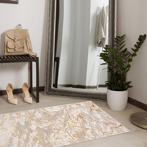 Mazovia Teppich Läufer Flur - Modern Teppichläufer – Kurzflor, Weich - für Vorzimmer Eingangsbereich Schlafzimmer Küche Korridor - Abstrakt Muster 100 cm Breite - Beige Creme mit Gold 100 x 400 cm