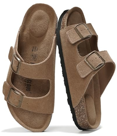 Project Cloud 100% Genuine Leather Flat Sandals For Women 2026 Cork Footbed Womens Sandals with Memory Foam and arch support Vacation Essentials Slides for Women Footwear (Venita, Chestnut, 9)
