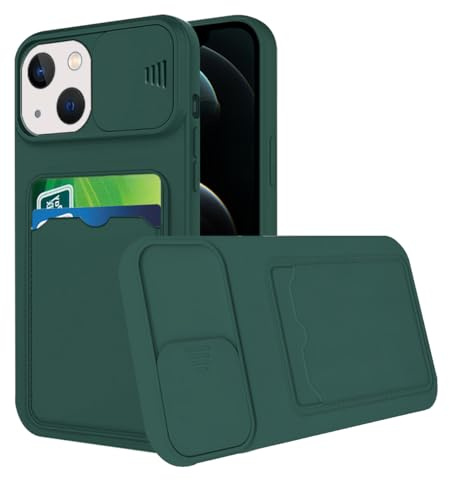 Wousunly Compatible avec Coque iPhone 15 Antichoc avec Porte Carte, Etui iPhone 15 Silicone avec Protection Cache Camera Coulissant Coque de Telephone Ultra Fine Housse (Vert foncé)