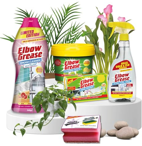 Household Surface and Stain Remover Kit | Elbow Grease Anti-Bac Spray 500ml, Power Paste 350g, Cream Cleaner Pink 540g, Sponge Erasers 1pc and Handgrip Scourers 1pc | House Cleaning Products