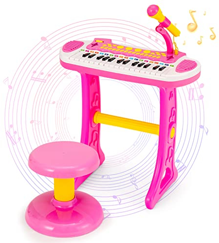 KOMFOTTEU 31 Tasten Keyboard Set für Kinder, Kinderklavier mit Sound Lichteffekte & Mikrofon, Elektronisches Klavier Spielzeug inkl. Hocker, Kinderkeyboard 22 Beat/8 Töne/7 Rhythmen (Rosa)