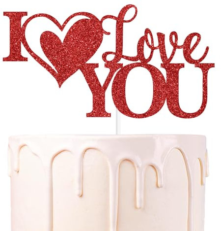 Red Glitter I Love You Cake Topper, Happy Valentine's Day/Be My Valentine, Valentine's Day Wedding Engagement Party Decorations Supplies