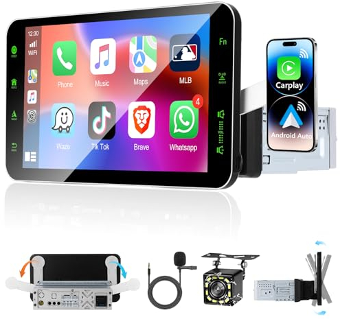 Podofo Autoradio mit Wireless A-pple CarPlay/Android Auto, Bluetooth 5.0 Drehbarer 1 DIN 9'' HD Touchscreen mit Handyhalter/Mirror Link/GPS/SWC/EQ/FM/RDS/TF/USB/Telefonhalter + Mikrofon + Rückkamera