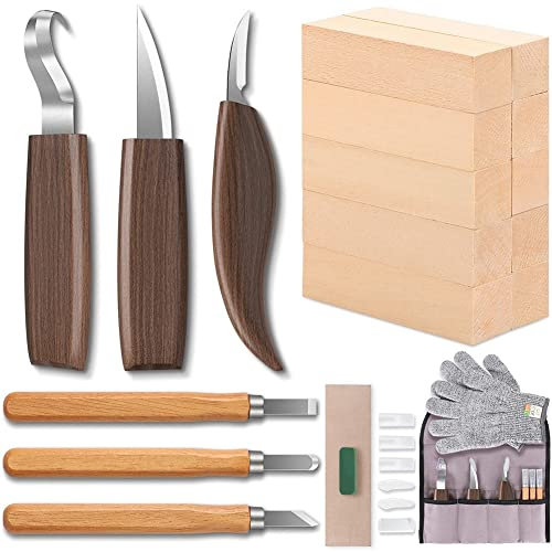 INTCHE Holzschnitzset Schnitzset für Anfänger mit Schnitzmesser, Lindenholzblöcken und Handschuhen