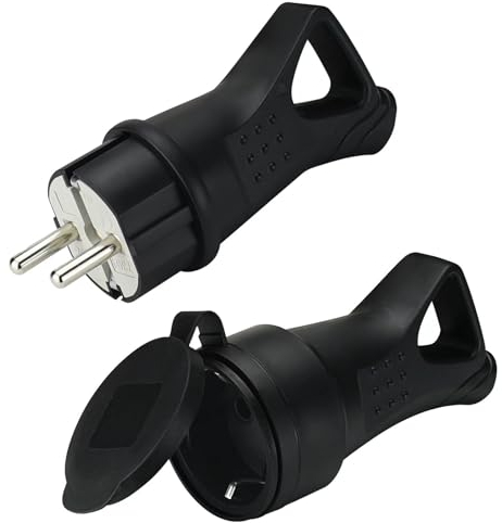 Schuko Stecker + Schuko kupplung, Stecker 230V, Stromstecker Wasserdicht, SchutzkontaktStecker Außenbereich, IP44, Bruchfest, Schwarz - 2 Stücke