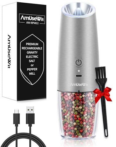 AmuseWit Gravity Electric Pepper Mill or Salt Grinder Mill [White Light] USB Rechargeable Automatic Pepper Grinder, Adjustable Coarseness, One-Handed Operation, Stainless Steel