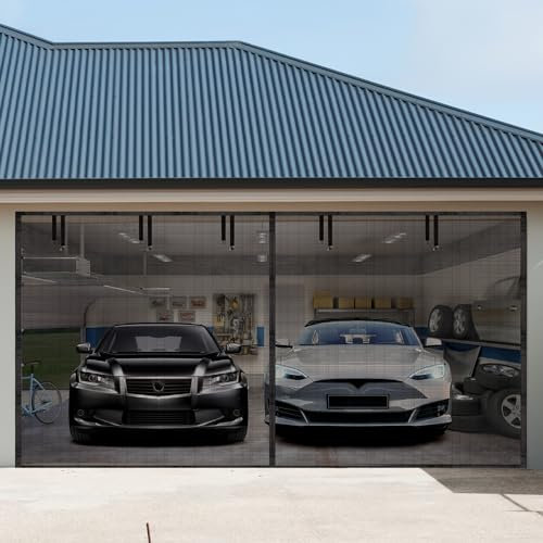 ALIESTFDNO 4,8 x 2,1 m Garagentorschutz, verbessertes stabiles PET (größer als Fiberglas und Polyester), magnetische Fliegengittertüren für 2 Auto-Garagen, Garagenschutz mit robuster