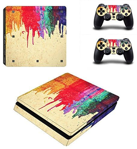 Schmaler Vinyl-Aufkleber für Sony Playstation 4 Slim Konsole und 2 Controller (Farbe Farbe)