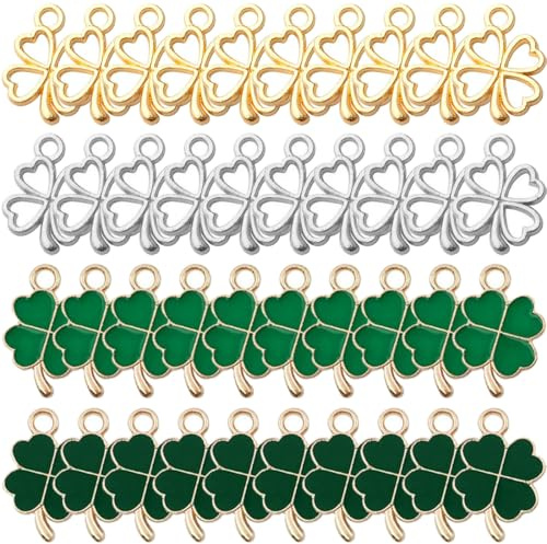 VURYAPI 40 Stück Glücksbringer Vierblättriges Kleeblatt, Vierblättrige Kleeblatt Anhänger Metall Halsketten Zubehör DIY Basteln Schmuck Ornamente Autoschlüsselanhänger Glück(Gold, Silber