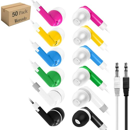 Wensdo 50 Pack Bulk Kids Earbuds for School Classroom Library, Student Wired Earphones with 3.5 mm Jack Multi Colored Earphones for Computer Chromebook Laptop PC (HY01,50 Mixed)