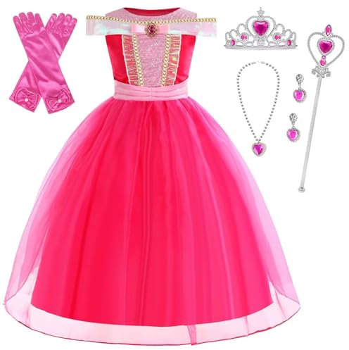 Fille Deguisement Robe de Princesse Aurore pour Enfant, Costume de la Belle au Bois Dormant avec Accessoires Rose Robe de Soirée Halloween Fête Partie Carnaval Cosplay Costume 3-4 Ans Rosa01 110