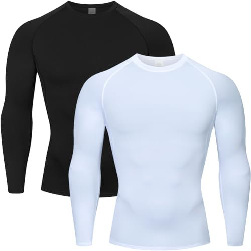 HYCOPROT Kompressionsshirt Herren Langarm Funktionsshirt Baselayer Schnelltrocknendes T-Shirt Atmungsaktiv Sportshirt für Workout Fitnessstudio Laufen (L, Schwarz/Weiß)