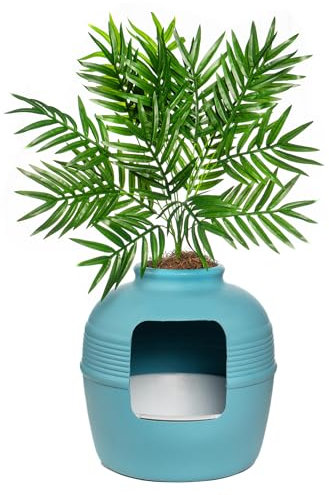 Good Pet Stuff Hidden Cat Litter Box Enclosure with Artificial Plant, Decorative Round Planter, Removable Tray, Charcoal Filter Odor Control, Easy-to-Clean, Made in USA, Essentials Kit, Blue