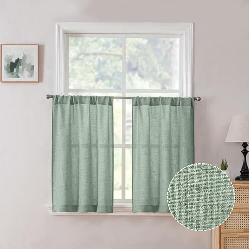 Tollpiz Kurzer Leinenvorhang mit Stangentaschen, halbtransparent, halbtransparent, Küchenvorhang, Sackleinen, lichtfilterend, dicke Leinen-Vorhänge für Badezimmer, 76,2 x 61 cm lang, Salbeigrün, 2