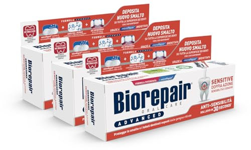 Biorepair, Dentifricio Advanced Sensitive, 3 Confezioni da 75 ml, Doppia Azione Anti-Sensibilità, Protegge le Gengive, con MicroRepair e CPC Antibatterico, Contrasta la Recessione Gengivale