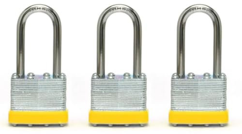 Juego de 3 candados con grillete largo de 50 mm – mismo candado con 3 llaves | acero laminado amarillo | candados resistentes para puertas, puertas, cajas fuertes, obras y casas 181503