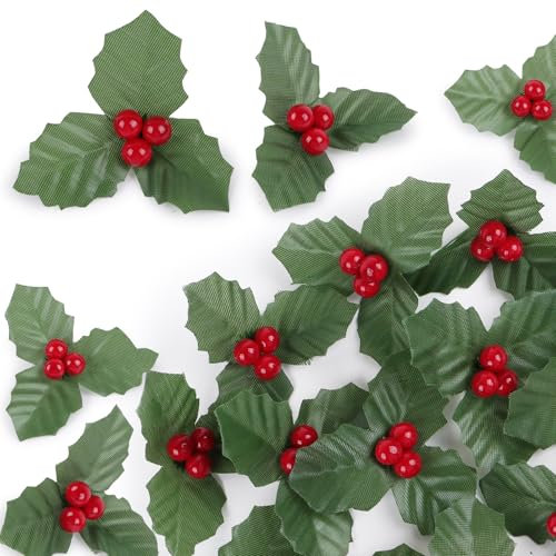 BETESSIN 12 Pcs Christmas Artificial Holly Berries with Green Leaves for Home Christmas Cake Decoration Xmas Tree Ornaments Wreath Making DIY Crafts Supply