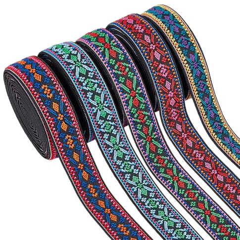 BENECREAT 5 Yards/4.5m 5 Farben Vintage Blume Jacquard elastische Band, 20mm Ethnische Nähen Bestickt elastische Band für DIY Kleidung Zubehör Verschönerung Dekorationen, 2mm dick