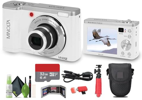 Minolta MNB5Z - Fotocamera digitale a doppio obiettivo da 56 MP, zoom ottico 5X, video 5K Ultra HD, scheda di memoria da 32 GB, treppiede Vlogger, borsa, kit di pulizia 6Ave e altri accessori, colore