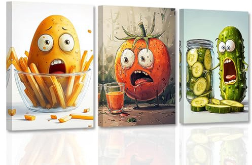 CCWACPP Lustige Küchen-Wandkunst Gemüse-Wanddekoration 3-teilig Bilder mit Kartoffeln Tomaten und Gurken Lebensmittel-Küchendekor gerahmt (28x35cmx3)