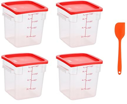 Sherfire 7.6 L (8 Quart) Food Storage Containers with Lids - Set of 4, BPA-Free Stackable Kitchen Containers with Handles and Red Covers, Litre/Quart Markings, Commercial or Home Use