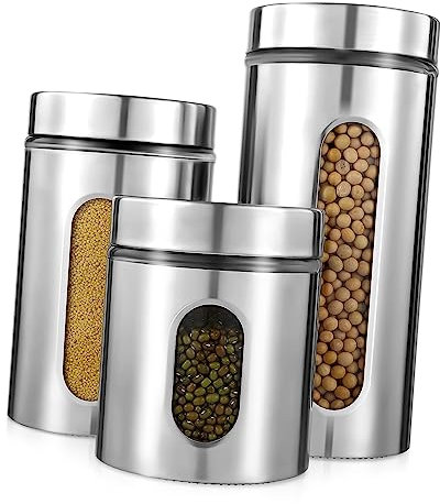 Mikinona 3 Barattoli A Bocca Larga Per La Conservazione in Cucina Contenitori in Con Finestra Barattoli in Acciaio Inossidabile Per La Conservazione Di Cereali Caffè Tè E Zucchero