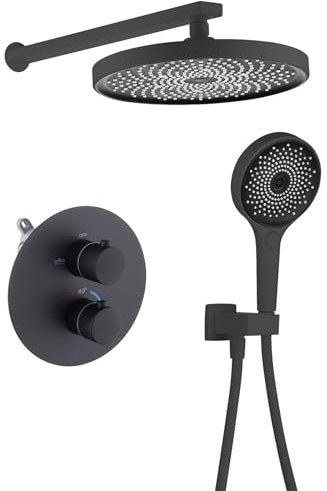 Chandelier Suit de douche thermostatique, tête de douche de pluie ronde de 10 pouces avec 3 fonctions de douche mural à main levée,