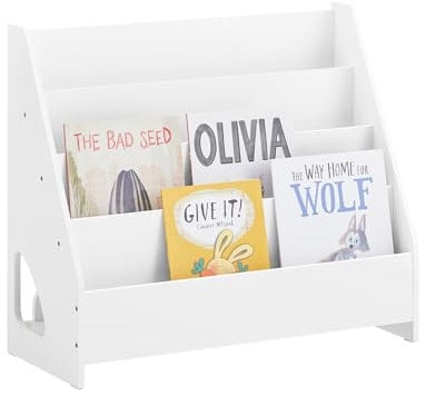 SoBuy Bücherregal Kinder Montessori Kinderregal mit 4 offenen Fächer 1 Ablagefächern Regal Kinderzimmer Spielzeug Aufbewahrung Büchergestell Hängefächerregal Weiß 70x60x30cm KMB32-K-W