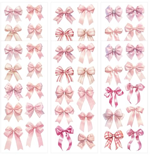 BOXOB 6 Bögen/60 Stück Aufkleber Rosa Schleifen, 30 Designs Süß Ästhetisch Kokett Schleifen Aufkleber für Wasserflaschen Laptop Tagebuch Basteln