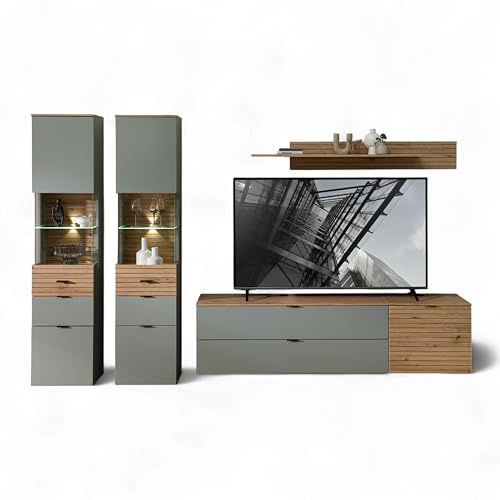 Stella Trading INA Wohnwand Komplett-Set in Schilfgrün, Artisan Eiche Optik FSC-Zertifiziert - Moderne Schrankwand 5-teilig mit LED-Beleuchtung für Ihr Wohnzimmer - 320 x 200 x 44 cm (B/H/T)