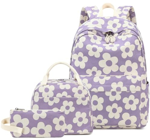 LOIDOU Rucksack für Teenager Mädchen Bookbags Kinderrucksack Kinder Schulrucksack mit Lunchpaket Federmäppchen Schulranzen Set für Schule (Blumen Lila große)