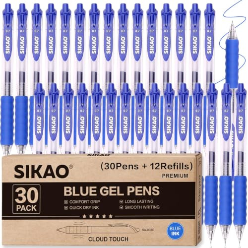 Sikao Gelstifte Blau, 30er Pack Gelschreiber Kugelschreiber, CLOUD TOUCH GRIFF 0,7 Mm Feine Spitze Blau Tinte, Schnell-Trocknend & Wischfest, Sanftes Schreiben Für Büro & Schule