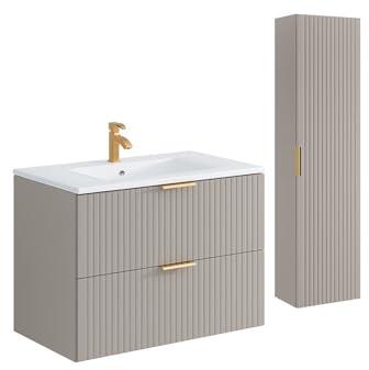 Vente-unique-Waschbeckenunterschrank hÃ Â ÂÂ Ã Â ¤ngend mit Ablagen & Einbauwaschbecken - Streifenoptik - Beige - 80 cm - ZEVARA