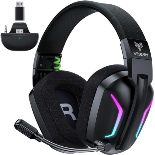 WESEARY Wireless Gaming Headset für Xbox Series X/S, Xbox One, PC, PS5 | 2,4 GHz & Bluetooth, 60H Akku, LED-Licht, faltbar, Surround Sound, niedrige Latenz (≤20 ms), Noise-Cancelling-Mikrofon