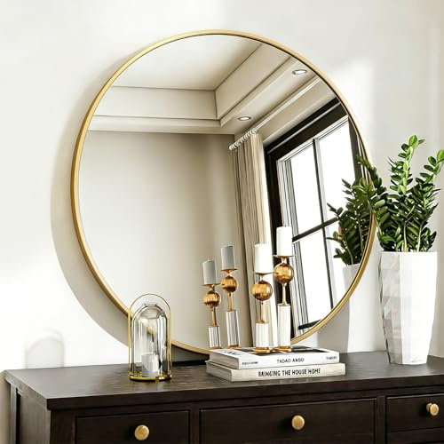 Sqinor Spiegel Rund Gold 80cm HD Spiegelglas Groß Wandspiegel, Modern Badspiegel Rund mit Aluminium Rahmen, Deko großer Runder Spiegel für Bad Badezimmer Flur Wohnzimmer Schlafzimmer