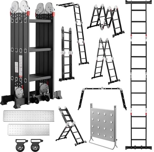TEENO Escalera Multifunción 7 en 1, 3,6 M, 4 x 3 escalones, Escalera Plegable de Aluminio con 2 Plataformas, Soporte de Trabajo para Escalera, Patas de Goma, 2 Ruedas Extraíbles, Carga 150 kg, Negro