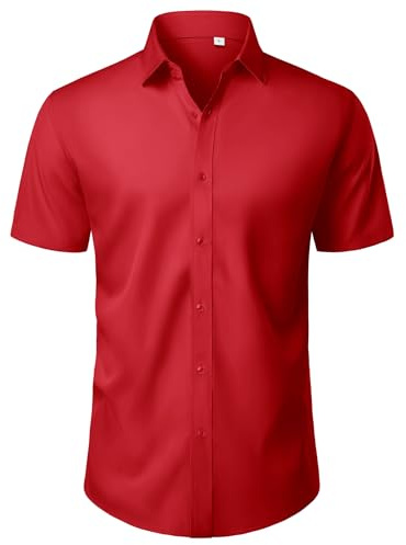 J.VER Mens Shirts Short Sleeve 4-Way Stretch Dress Regular Fit Business Casual Summer Work Formal Fashion Shirt Red L