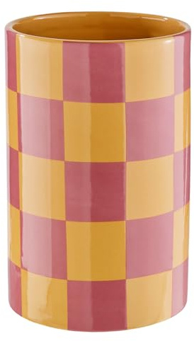 BUTLERS Blumenvase Keramik - Checker - Schachbrettmuster | Farbe Orange - ø13 x H22 cm - Dekovase für Trockenblumen & Zweige - Tischvase für Esstisch & Sideboard