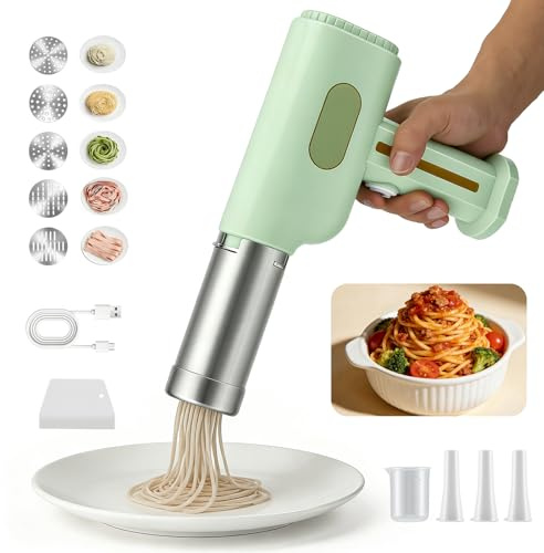 Delousiber Handheld Electric Pasta Maker, 2600mAh Cordless Noodle Machine with 5 Interchangeable Pasta Moulds & 3 Sausage Filling Attachments, Stainless Steel Automatic Pasta Extruder for Homemade