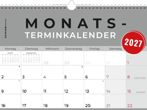 Monatsterminkalender 1M/1S 2027: Wandkalender A4 30 x 21 cm, 1 Monat pro Seite, 16 Blatt, Drahtkammbindung mit Aufhänger, Wochenzählung, Vor- & Folgemonat, Sonn- & Feiertage
