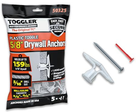 TOGGLER - Home, Furniture & DIY:DIY Materials:Nails, Screws & Fasteners:Wall Plugs & Fixings - All Products - Toggler TC Drywall Wall Plugs 16 -19MM Depth - 72KG Load - Pack Of 5
