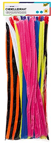 folia 7714109 - Chenilledraht, Pfeifenputzer, 100 Stück sortiert in 10 Farben, Durchmesser 14 mm und 50 cm lang, ideal für Kinder zum Basteln und Gestalten von Tieren, Figuren und anderen Formen