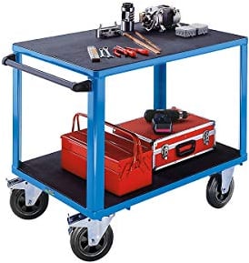EUROKRAFT Active Green Montagewagen - lichtblau - 2 Ladeflächen 1050 x 700 mm aus robustem Kunststoff - 500 kg Tragfähigkeit - Vollgummi Kugellager Reifen, fahrbarer Arbeitstisch, fahrbare Werkbank