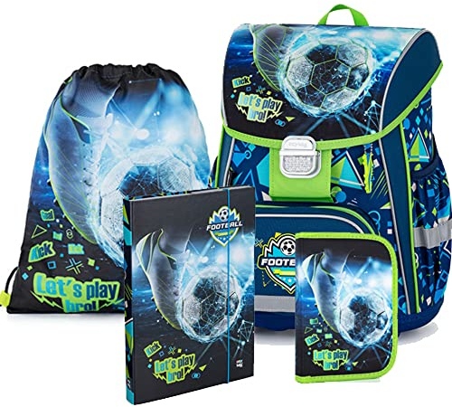 Fussball Schulranzen Schulmappe Schultasche Schulrucksack Ranzen Set mit Federtasche Sportbeutel und Heftbox